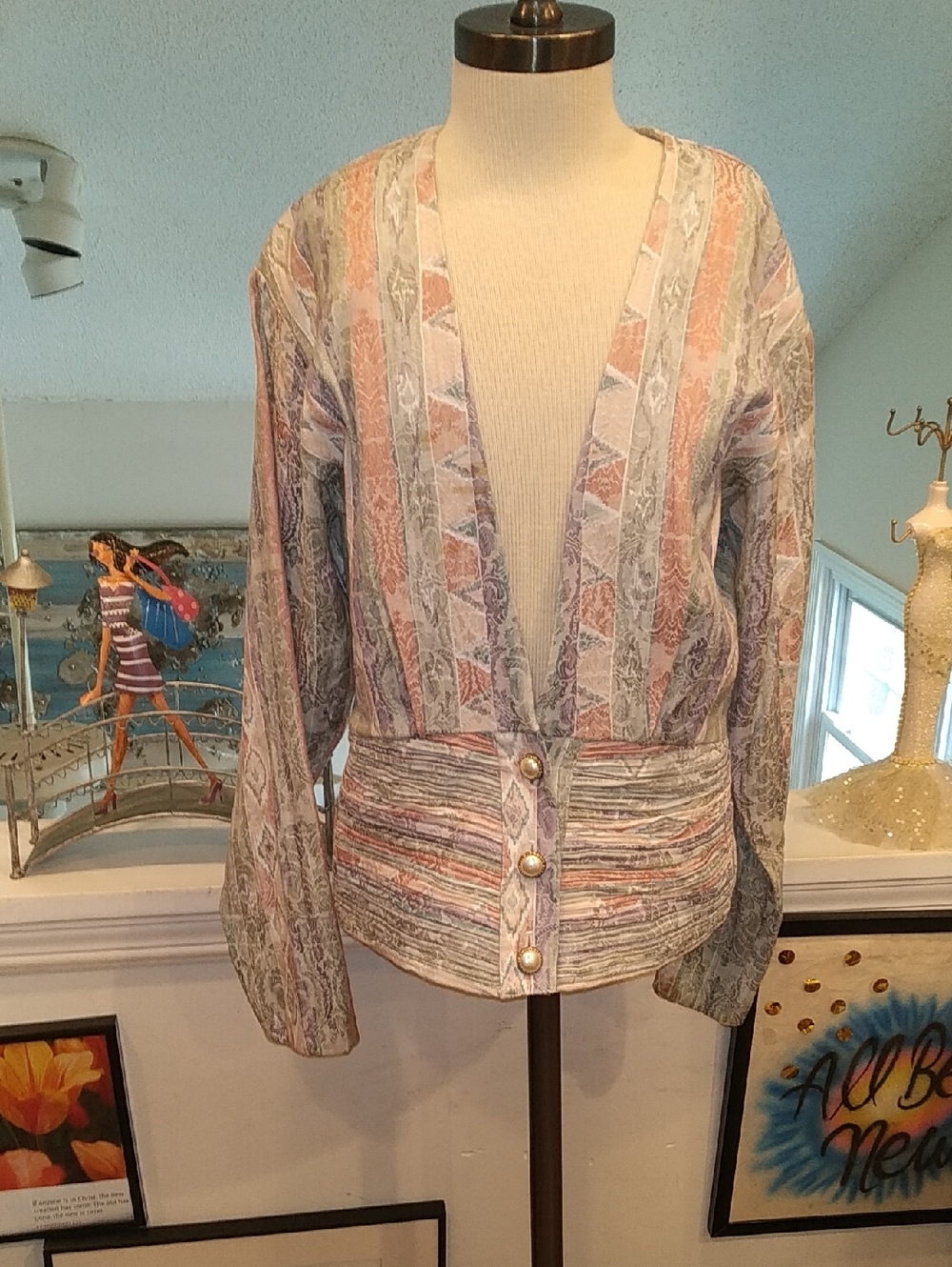 Vintage Pastel Striped Pearl Button Button-Front Jacket
